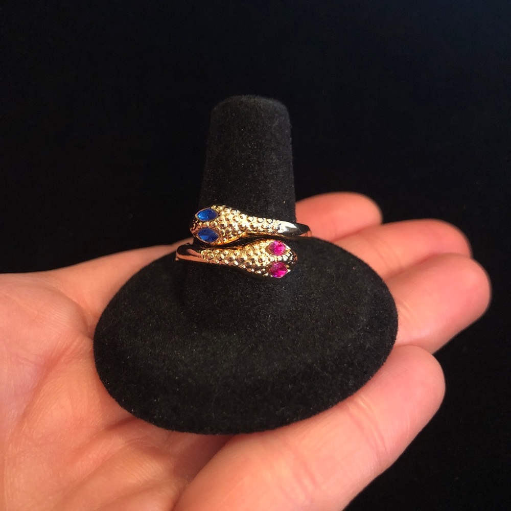 Elegant Gold with Blue and Pink Stones Snake Ring